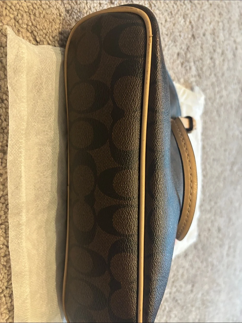 Coach Brown Signature Mini Dome Satchel with Tan Handles and Red Tag